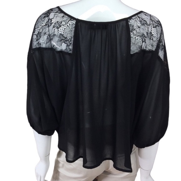 Black Flowy Chiffon Lace Round Boat Neck Quarter Sleeve Dressy Blouse Siz Medium - Picture 7 of 14